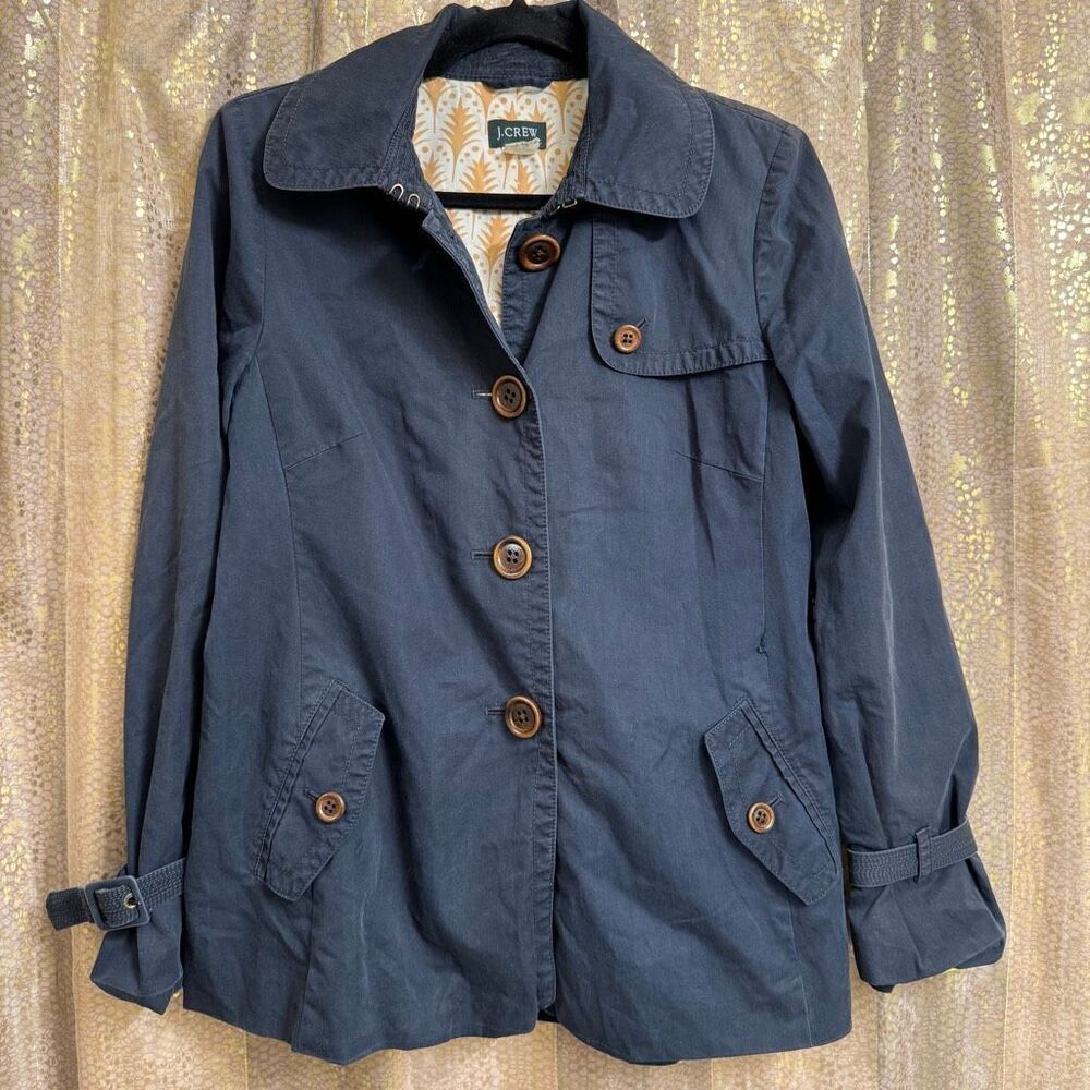 J. Crew Navy Blue Travel Trench Jacket Coat Button Up Size 8 Medium
